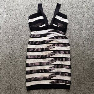 Authentic Herve Leger Black & White Sequin Striped Bandage Dress